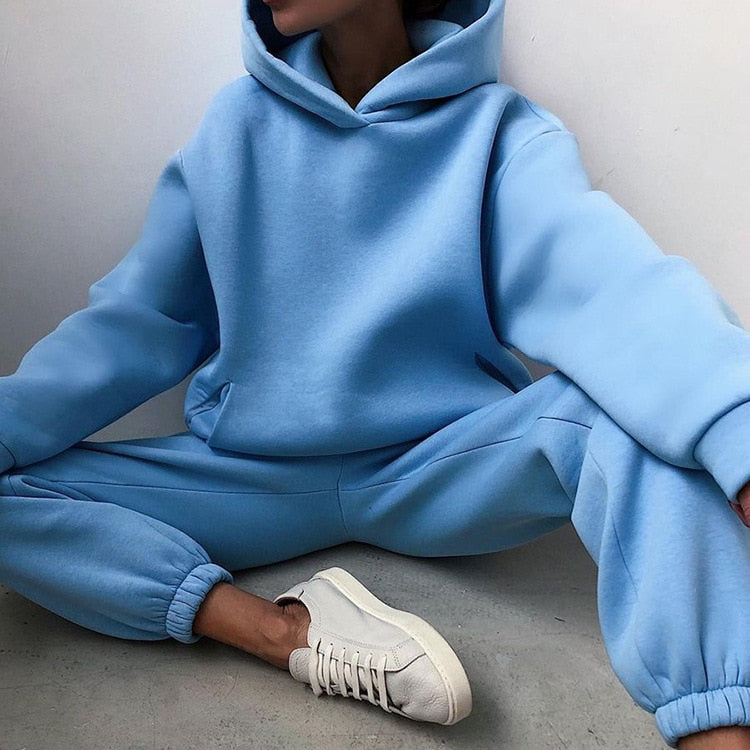 Women Tracksuit Casual Fitness Hooded Long Sleeve Sport Suit Autumn Winter Warm Hoodie Sweatshirts Long Pant Fleece 2 Piece Sets